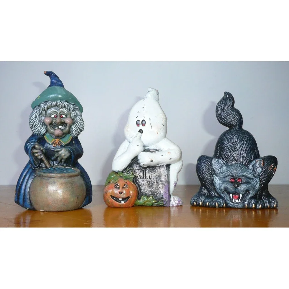 VTG Lot 3 Halloween Figurine Hand Painted Ceramic Witch Cauldron Ghost Black Cat
